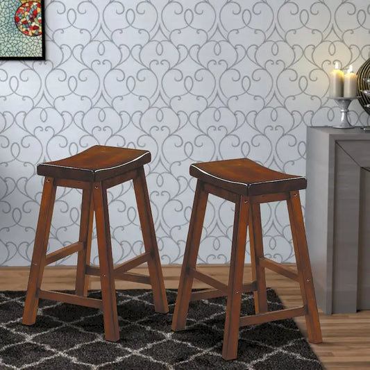 Wooden 24 Counter Height Stool with Saddle Seat, Distressed Cherry, Set Of 2
