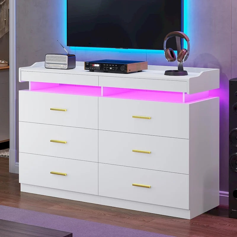 6 Drawer Dresser 2 Pull-Out Tray LED Light Chest of Drawers