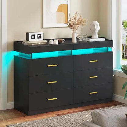 6 Drawer Dresser 2 Pull-Out Tray LED Light Chest of Drawers