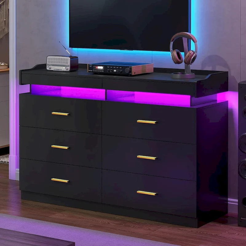 6 Drawer Dresser 2 Pull-Out Tray LED Light Chest of Drawers