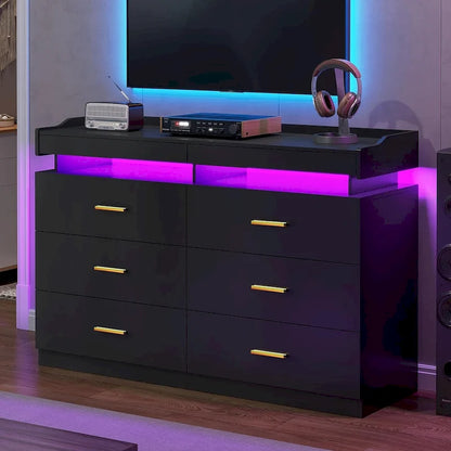 6 Drawer Dresser 2 Pull-Out Tray LED Light Chest of Drawers