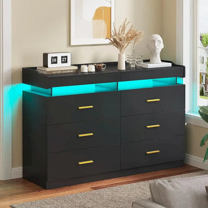6 Drawer Dresser 2 Pull-Out Tray LED Light Chest of Drawers