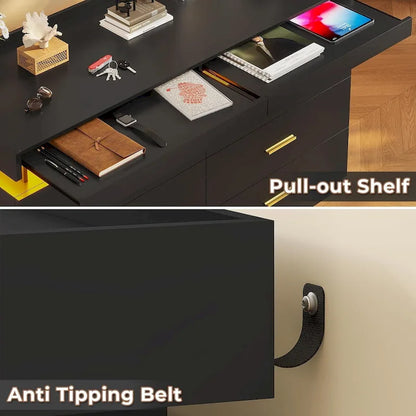 6 Drawer Dresser 2 Pull-Out Tray LED Light Chest of Drawers