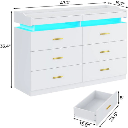 6 Drawer Dresser 2 Pull-Out Tray LED Light Chest of Drawers