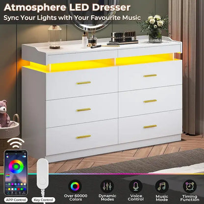 6 Drawer Dresser 2 Pull-Out Tray LED Light Chest of Drawers