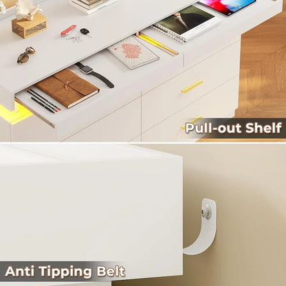 6 Drawer Dresser 2 Pull-Out Tray LED Light Chest of Drawers