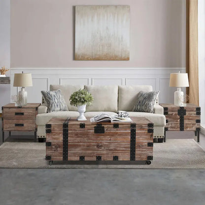 Antique Reclaimed Wood Gray Trunk and Side Table, Set of 3