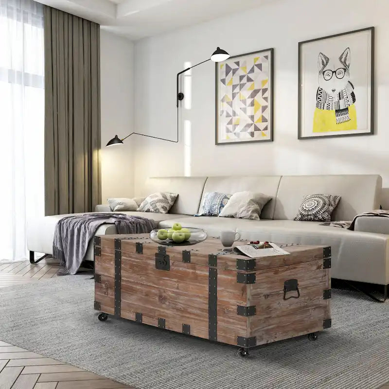 Antique Reclaimed Wood Gray Trunk and Side Table, Set of 3