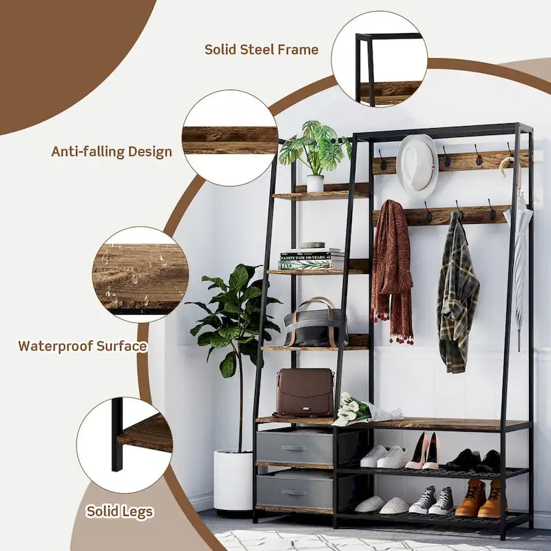 Hall Tree with Bench and Shoe Storage 6 in1 Entryway Organizer