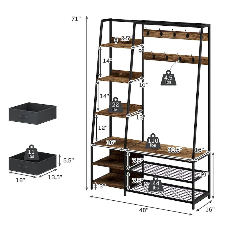 Hall Tree with Bench and Shoe Storage 6 in1 Entryway Organizer