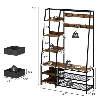 Hall Tree with Bench and Shoe Storage 6 in1 Entryway Organizer