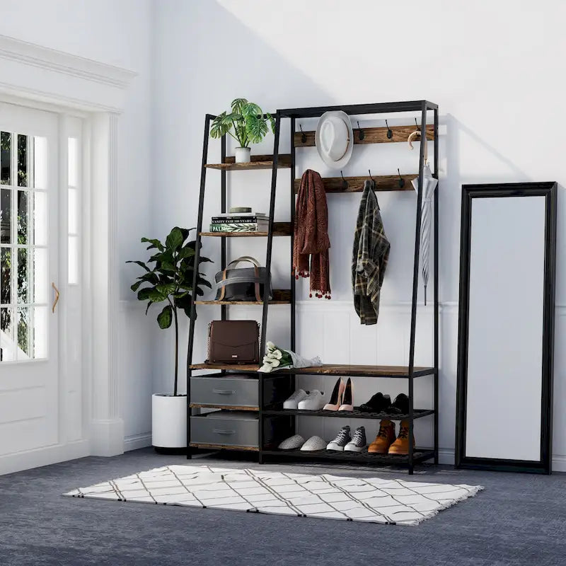 Hall Tree with Bench and Shoe Storage 6 in1 Entryway Organizer