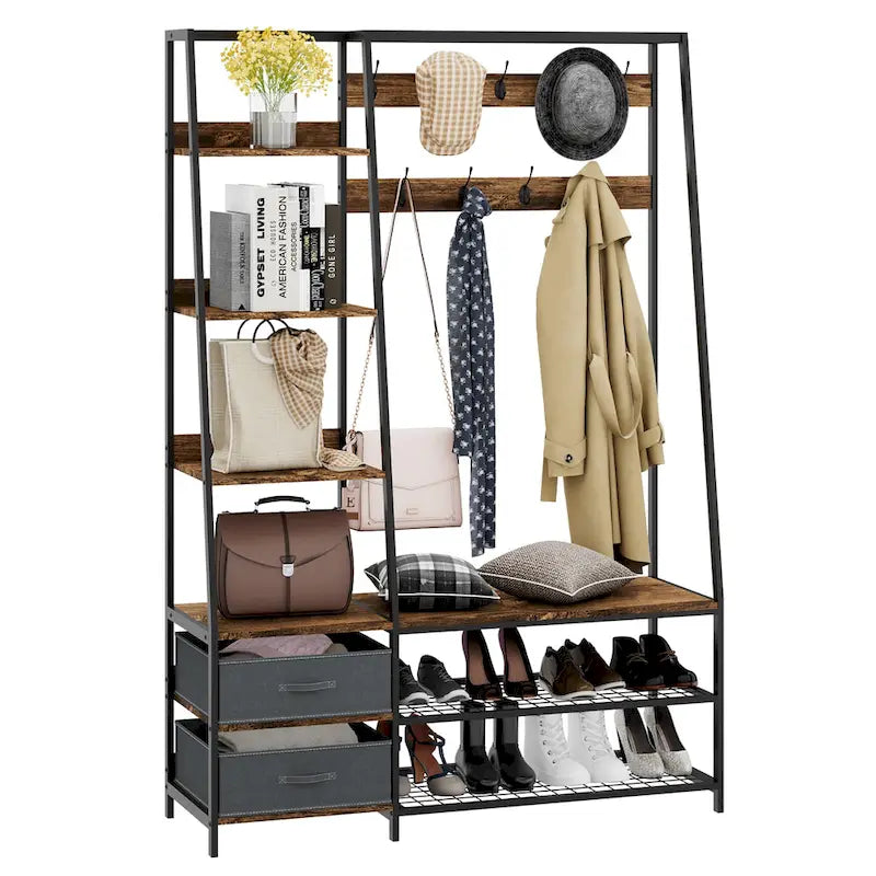 Hall Tree with Bench and Shoe Storage 6 in1 Entryway Organizer