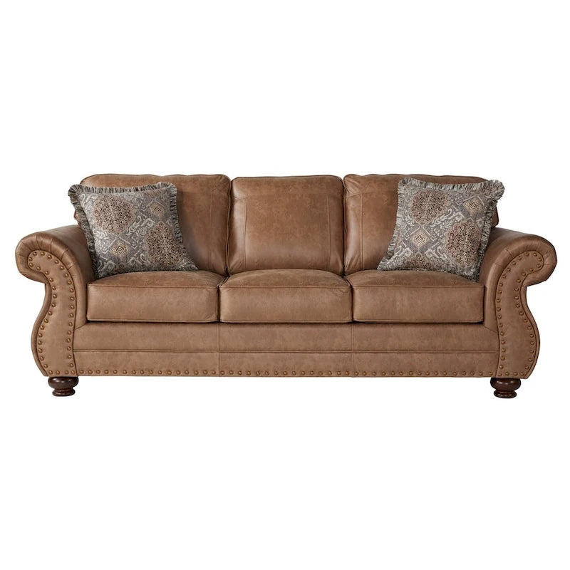 Roundhill Furniture Leinster Fabric Sofa with Antique Bronze Nailheads in Jetson Ginger