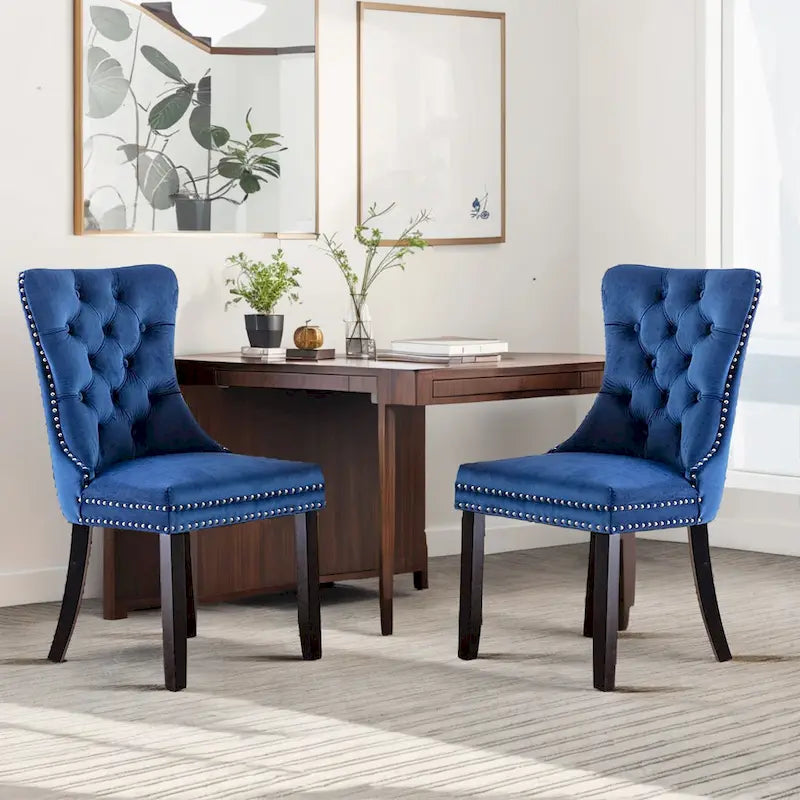 Set of 2 Velvet Dining Chairs,Tufted Solid Wood Armless Chairs Accent Chair with Nailhead Trim and Back Ring Pull - N/A