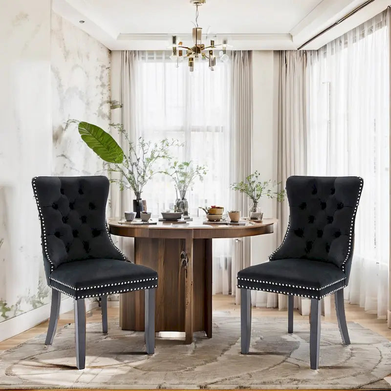 Set of 2 Velvet Dining Chairs,Tufted Solid Wood Armless Chairs Accent Chair with Nailhead Trim and Back Ring Pull - N/A