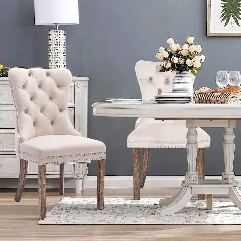 Set of 2 Velvet Dining Chairs,Tufted Solid Wood Armless Chairs Accent Chair with Nailhead Trim and Back Ring Pull - N/A