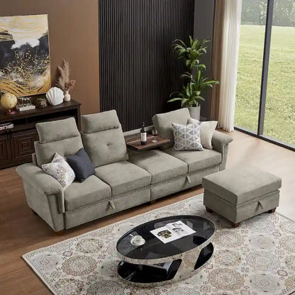 109 Modern 4 Seaters Towelling Sectional Sofa with Hidden Coffee Table and Large Storage Space