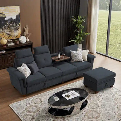 109 Modern 4 Seaters Towelling Sectional Sofa with Hidden Coffee Table and Large Storage Space