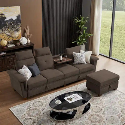 109 Modern 4 Seaters Towelling Sectional Sofa with Hidden Coffee Table and Large Storage Space