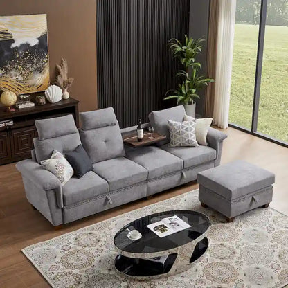 109 Modern 4 Seaters Towelling Sectional Sofa with Hidden Coffee Table and Large Storage Space