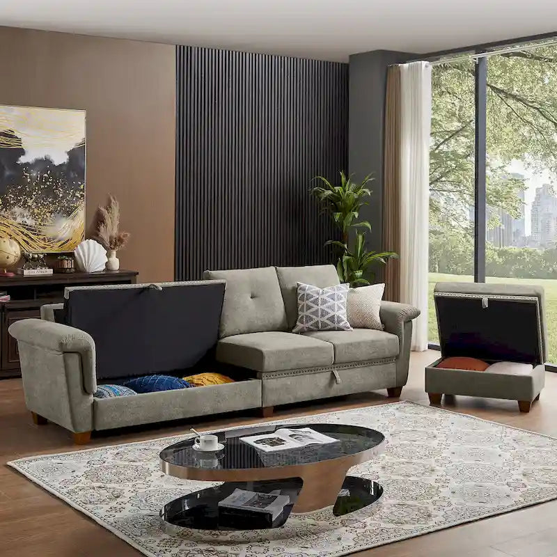 109 Modern 4 Seaters Towelling Sectional Sofa with Hidden Coffee Table and Large Storage Space