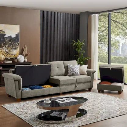 109 Modern 4 Seaters Towelling Sectional Sofa with Hidden Coffee Table and Large Storage Space