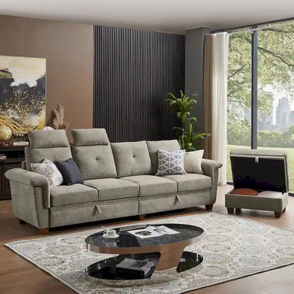 109 Modern 4 Seaters Towelling Sectional Sofa with Hidden Coffee Table and Large Storage Space