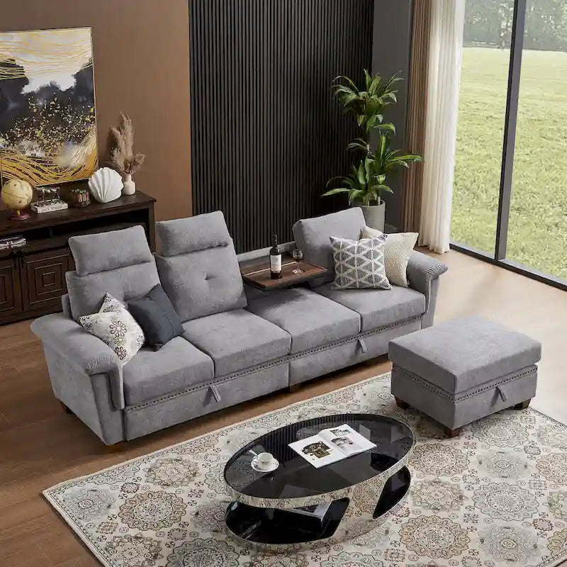 109 Modern 4 Seaters Towelling Sectional Sofa with Hidden Coffee Table and Large Storage Space