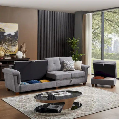 109 Modern 4 Seaters Towelling Sectional Sofa with Hidden Coffee Table and Large Storage Space