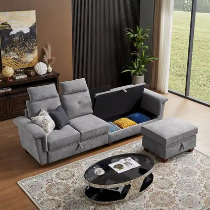 109 Modern 4 Seaters Towelling Sectional Sofa with Hidden Coffee Table and Large Storage Space