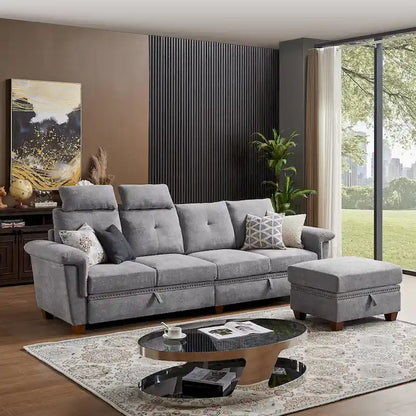 109 Modern 4 Seaters Towelling Sectional Sofa with Hidden Coffee Table and Large Storage Space