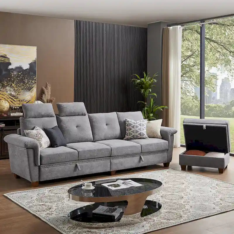 109 Modern 4 Seaters Towelling Sectional Sofa with Hidden Coffee Table and Large Storage Space