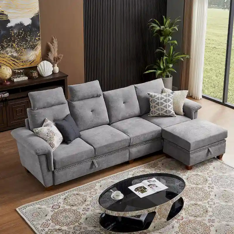 109 Modern 4 Seaters Towelling Sectional Sofa with Hidden Coffee Table and Large Storage Space