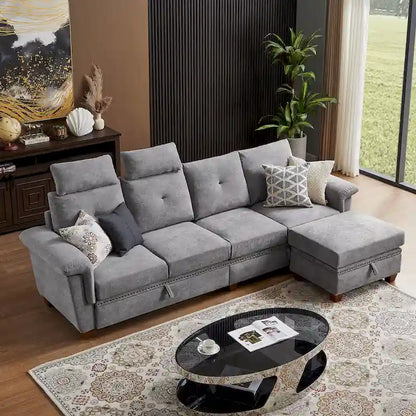 109 Modern 4 Seaters Towelling Sectional Sofa with Hidden Coffee Table and Large Storage Space