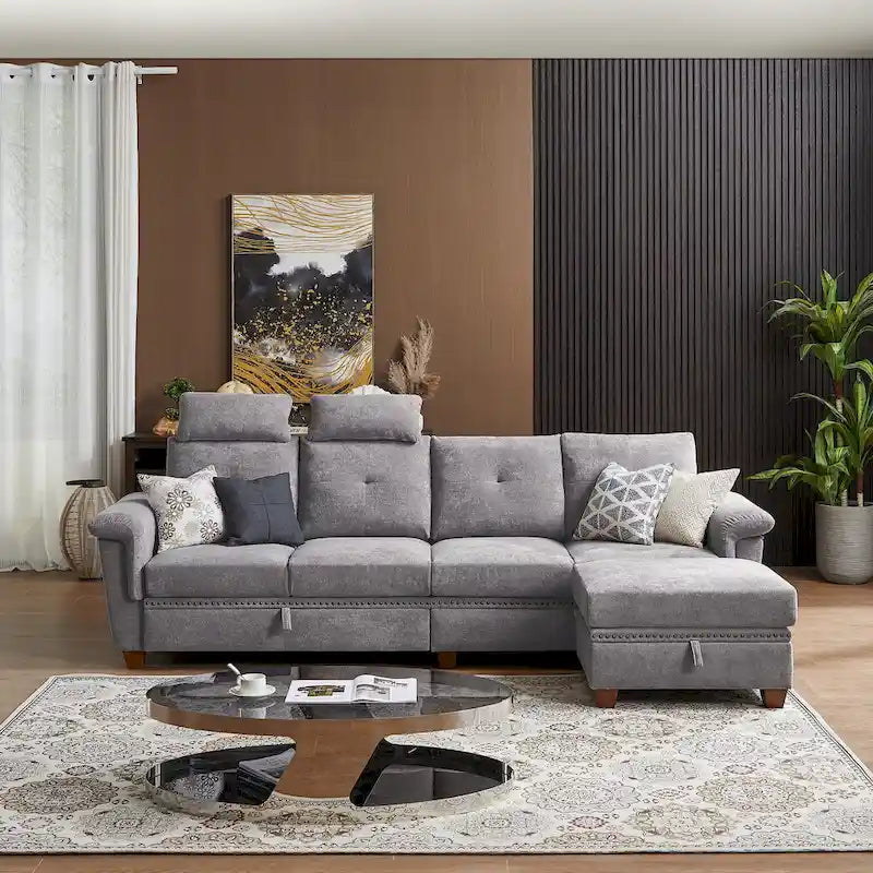 109 Modern 4 Seaters Towelling Sectional Sofa with Hidden Coffee Table and Large Storage Space