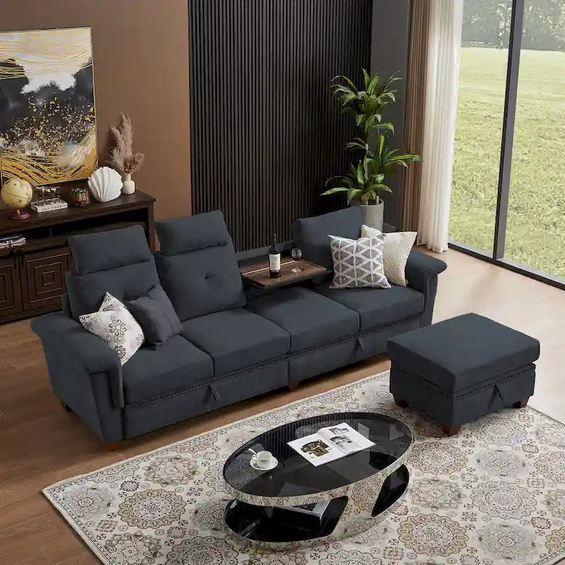 109 Modern 4 Seaters Towelling Sectional Sofa with Hidden Coffee Table and Large Storage Space