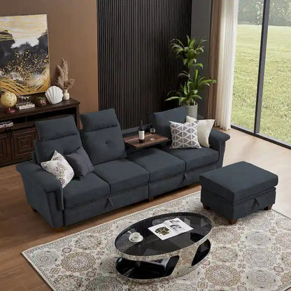 109 Modern 4 Seaters Towelling Sectional Sofa with Hidden Coffee Table and Large Storage Space