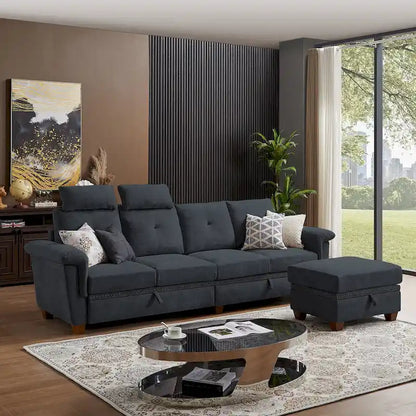 109 Modern 4 Seaters Towelling Sectional Sofa with Hidden Coffee Table and Large Storage Space
