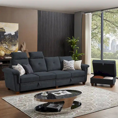 109 Modern 4 Seaters Towelling Sectional Sofa with Hidden Coffee Table and Large Storage Space