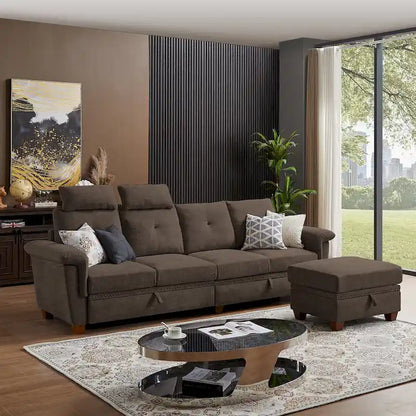 109 Modern 4 Seaters Towelling Sectional Sofa with Hidden Coffee Table and Large Storage Space