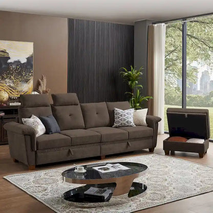 109 Modern 4 Seaters Towelling Sectional Sofa with Hidden Coffee Table and Large Storage Space