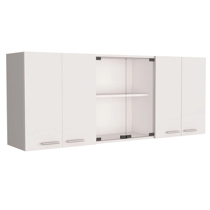 TUHOME Superior 150 Wall Cabinet with Glass Doors, 2 Double Cabinets, 4 Inner Shelves, Dish Rack and Cup Rack - N/A