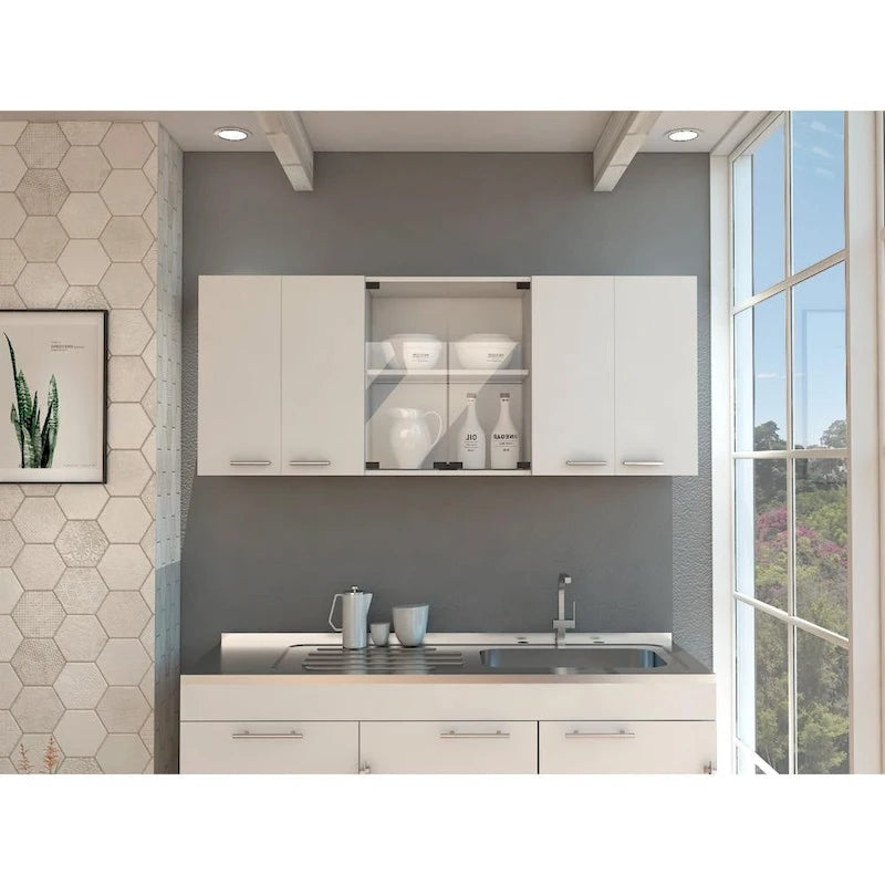 TUHOME Superior 150 Wall Cabinet with Glass Doors, 2 Double Cabinets, 4 Inner Shelves, Dish Rack and Cup Rack - N/A