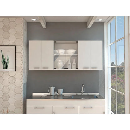 TUHOME Superior 150 Wall Cabinet with Glass Doors, 2 Double Cabinets, 4 Inner Shelves, Dish Rack and Cup Rack - N/A