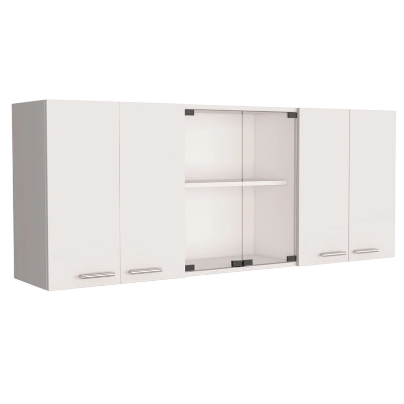 TUHOME Superior 150 Wall Cabinet with Glass Doors, 2 Double Cabinets, 4 Inner Shelves, Dish Rack and Cup Rack - N/A