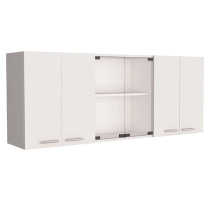 TUHOME Superior 150 Wall Cabinet with Glass Doors, 2 Double Cabinets, 4 Inner Shelves, Dish Rack and Cup Rack - N/A