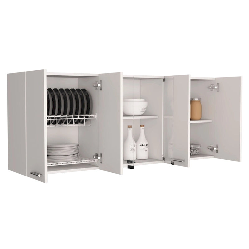 TUHOME Superior 150 Wall Cabinet with Glass Doors, 2 Double Cabinets, 4 Inner Shelves, Dish Rack and Cup Rack - N/A