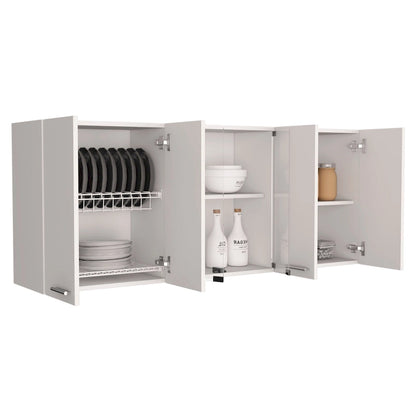 TUHOME Superior 150 Wall Cabinet with Glass Doors, 2 Double Cabinets, 4 Inner Shelves, Dish Rack and Cup Rack - N/A