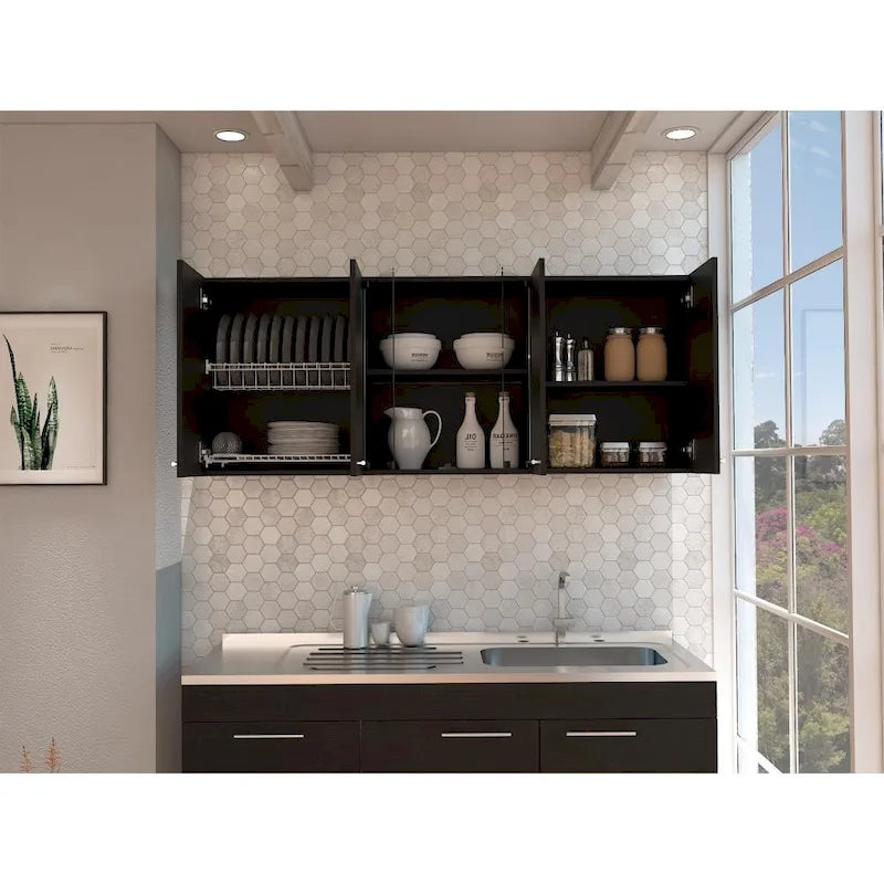 TUHOME Superior 150 Wall Cabinet with Glass Doors, 2 Double Cabinets, 4 Inner Shelves, Dish Rack and Cup Rack - N/A